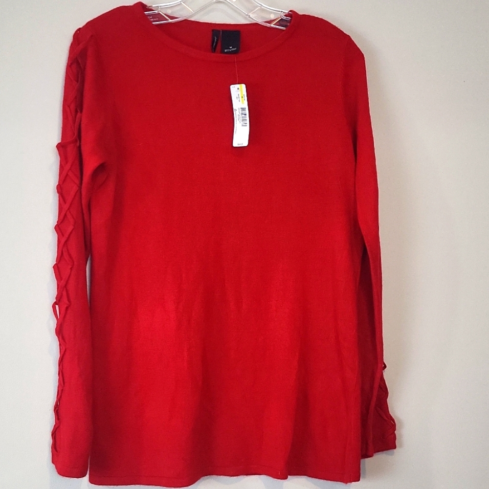 NEW DIRECTION Red Acrylic Scoop Neck Criss-cross Sleeve Knit Sweater